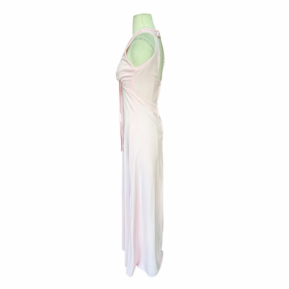 1970s Pale Pink Braided‎ Trim V-Neckline w/Tassels Lined Poly Maxi Dress - Picture 3 of 5